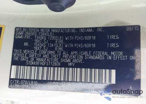 2015 Toyota Highlander Xle V6 from USA, damaged, VIN 5TDKKRFH0FS112808